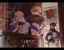 Rule 34 | 1boy, 3girls, adapted costume, aether (genshin impact), ahoge, ass, bare shoulders, bent over, blonde hair, braid, braided ponytail, breasts, chinese clothes, clothed sex, detached sleeves, doggystyle, eyepatch, fischl (ein immernachtstraum) (genshin impact), fischl (genshin impact), fucked silly, genshin impact, hair between eyes, hair over one eye, hetero, highres, hu tao (genshin impact), implied anal, jiangshi, long hair, long sleeves, medium breasts, multiple girls, nyantcha, official alternate costume, purple eyes, purple hair, qiqi (genshin impact), red eyes, saliva, sex, sex from behind, short hair with long locks, thighhighs, thighs, tiara, toned, toned male, tongue, tongue out, vaginal