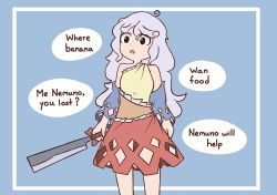 Rule 34 | 1girl, ahoge, bare shoulders, black eyes, blue background, blue sleeves, cyczen, dress, english text, grey hair, highres, holding, holding knife, knife, long hair, multicolored clothes, multicolored dress, open mouth, sakata nemuno, simple background, single strap, solo, speed lines, touhou, wavy hair
