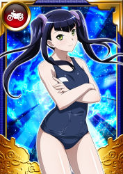 Rule 34 | 1girl, bare legs, black hair, breasts, card (medium), crossed arms, hair ornament, ikkitousen, long hair, looking at viewer, one-piece swimsuit, saji genpou (true), school swimsuit, shiny skin, simple background, small breasts, smile, solo, swimsuit, twintails, yellow eyes