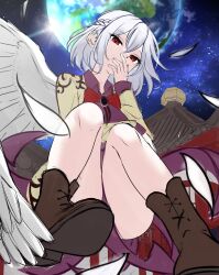 Rule 34 | 1girl, angel wings, architecture, blush, boots, bow, braid, brown footwear, building, covering own mouth, cross-laced footwear, dress, ear blush, ears, earth (planet), east asian architecture, feathered wings, french braid, hair between eyes, hand to own mouth, highres, jacket, kishin sagume, knees, knees up, light blush, light particles, long sleeves, looking at viewer, moonlight, onikoroshi, perspective, planet, purple dress, red eyes, short hair, silver hair, single wing, sky, solo, space, star (sky), starry sky, thighs, touhou, white wings, window, wings, ||/