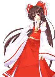 Rule 34 | 1girl, bad id, bad pixiv id, bow, brown hair, detached sleeves, female focus, hair bow, hakurei reimu, hand on own hip, japanese clothes, long hair, miko, niboss, open mouth, red eyes, solo, touhou, transparent background, very long hair