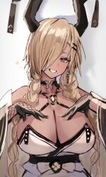 Rule 34 | 1girl, asymmetrical bangs, azur lane, black choker, black gloves, black horns, blonde hair, braid, breasts, choker, cleavage, commentary, dark-skinned female, dark skin, detached sleeves, earrings, eyelashes, fishnet gloves, fishnets, gloves, grin, hair between eyes, hair ornament, hair over one eye, hairclip, hands on own chest, highres, horn/wood, horn ornament, horns, japanese clothes, jewelry, kimono, large breasts, long hair, looking at viewer, low twin braids, mole, mole under mouth, one eye covered, owari (azur lane), shadow, simple background, smile, solo, sparkle, strapless kimono, tassel, tassel earrings, twin braids, upper body, white background, white kimono, wide sleeves, yellow eyes