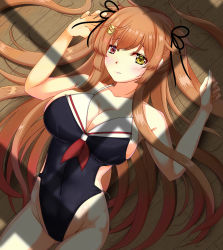 Rule 34 | 1girl, adapted costume, black one-piece swimsuit, breasts, casual one-piece swimsuit, cleavage, collarbone, commentary request, covered navel, gradient hair, heterochromia, highres, kantai collection, large breasts, light brown hair, long hair, lying, multicolored hair, murasame (kancolle), murasame kai ni (kancolle), one-piece swimsuit, red eyes, shigatsu (soratobuusagi), solo, swimsuit, two side up, wooden floor