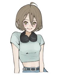 Rule 34 | 1girl, ahoge, arm at side, assault lily, awatsu mai, belt, belt buckle, black belt, blue pants, blush, breasts, brown eyes, brown hair, buckle, commentary, crop top, cropped arms, cropped torso, grey shirt, grin, hair between eyes, headphones, headphones around neck, highres, kawamura yuzuriha, long bangs, looking at viewer, medium breasts, midriff, mole, mole under eye, pants, parted lips, sally (allogkk), shirt, short hair, simple background, smile, solo, upper body, voice actor connection, white background