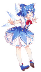 Rule 34 | 1girl, alternate costume, blue eyes, blue hair, blue ribbon, bow, bowtie, cirno, hair bow, highres, ice, ice wings, outstretched arms, pigeon-toed, red bow, red bowtie, ribbon, skirt, smile, solo, suspender skirt, suspenders, teeth, tongue, touhou, wings, wrist cuffs, youren ljun