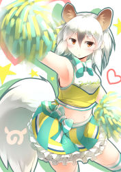 Rule 34 | 10s, 1girl, absurdres, animal ears, arm up, armpits, bow, cheerleader, clothes writing, extra ears, frilled skirt, frills, frown, hair between eyes, heart, highres, japari symbol, kanzakietc, kemono friends, kemono friends festival, looking at viewer, midriff, navel, outline, pom pom (cheerleading), red eyes, silver hair, skirt, sleeveless, solo, southern tamandua (kemono friends), tamandua ears, tamandua tail, thighhighs