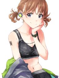 Rule 34 | 1girl, bad id, bad twitter id, black eyes, black sports bra, breasts, brown hair, character request, cleavage, collarbone, copyright request, earphones, hand on own chin, highres, jacket, midriff, navel, short hair, shoulder tattoo, simple background, sitting, small breasts, smile, solo, sports bra, stomach, tattoo, twintails, watch, white background, wristwatch, yoshito