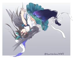 Rule 34 | 1girl, black footwear, black hair, black wings, blue pantyhose, commentary request, feathered wings, full body, gradient background, green skirt, grey background, highres, long hair, looking at viewer, mary janes, navel, outstretched arm, pantyhose, red eyes, reiuji utsuho, ribbon, shirt, shoes, short sleeves, simple background, sketch, skirt, solo, starry sky print, stomach, touhou, toutenkou, twitter username, upside-down, upskirt, white shirt, wings