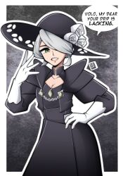 Rule 34 | 1girl, absurdres, black dress, black hat, breasts, cleavage, cogita (pokemon), commentary, contrapposto, creatures (company), dress, english commentary, english text, flower, game freak, gloves, green eyes, grey hair, hair over one eye, hand on own hip, hat, hat flower, highres, kermittend, lips, mature female, medium breasts, nintendo, pokemon, pokemon legends: arceus, rose, solo, white flower, white gloves, white rose