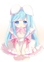 Rule 34 | 1girl, absurdres, ame usari, apron, bad id, bad pixiv id, blue eyes, blue hair, blush, breasts, brown background, character request, closed mouth, clothes in mouth, commentary request, cropped legs, frilled apron, frilled skirt, frills, gradient background, hair ribbon, highres, long hair, maid, mouth hold, pink shirt, pink skirt, puffy short sleeves, puffy sleeves, red ribbon, ribbon, shirt, shirt in mouth, short eyebrows, short sleeves, skirt, small breasts, smile, solo, sound voltex, tears, thick eyebrows, very long hair, waist apron, white apron, white background, white ribbon