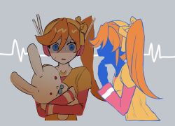 Rule 34 | 1girl, @ @, ace attorney, aged down, athena cykes, gumi (gelatin), hair between eyes, hair ribbon, headphones, holding, holding stuffed toy, long hair, long sleeves, looking at viewer, multiple views, orange hair, phoenix wright: ace attorney - dual destinies, ribbon, side ponytail, spoilers, stuffed animal, stuffed rabbit, stuffed toy, sweat, upper body