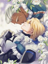 Rule 34 | 2boys, armor, armored gloves, blonde hair, blue eyes, breastplate, closed eyes, closed mouth, coat, commentary, couple, dark-skinned male, dark skin, dedue molinaro, dimitri alexandre blaiddyd, english commentary, fire emblem, fire emblem: three houses, flower, fur-trimmed coat, fur trim, gloves, hair between eyes, hair slicked back, hand on another&#039;s hand, imminent kiss, interracial, leaf, leaning forward, light particles, looking at another, lying, male focus, multiple boys, nintendo, on back, parted lips, patterned clothing, pauldrons, petals, ruebird, shoulder armor, upper body, white armor, white flower, white fur, white hair, yaoi