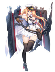 Rule 34 | 1girl, absurdres, american flag, american flag print, armpits, belt, between breasts, black thighhighs, blonde hair, blue eyes, blue oath, blush, bow (weapon), breasts, brown gloves, cape, cleavage, flag print, full body, gloves, hat, highres, holding, holding bow (weapon), holding weapon, large breasts, leg up, long hair, looking at viewer, military, military uniform, nakatama kyou, navel, necktie, necktie between breasts, original, peaked cap, rigging, rudder footwear, skirt, smile, solo, thighhighs, thighs, two side up, uniform, weapon, white cape, white skirt