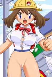 Rule 34 | 1girl, backpack, bag, blue eyes, bottomless, breasts, brown hair, creatures (company), female focus, game freak, hat, large breasts, lowres, may (pokemon), medium hair, name tag, nintendo, pokemoa, pokemon, pussy, solo, uncensored, wardrobe malfunction