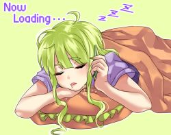 Rule 34 | 1girl, ahoge, burger, cellphone, commentary request, drooling, english text, closed eyes, fake nails, food, green hair, highres, holding, holding phone, loading screen, long hair, lying, messy hair, multicolored nails, nail polish, on stomach, original, osanai (shashaki), phone, pillow, shashaki, simple background, sleeping, under covers, zzz