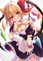 Rule 34 | 1girl, absurdres, alternate costume, animal ears, apron, black corset, black shirt, black skirt, bow, bowtie, cat ears, cat girl, commentary request, corset, cowboy shot, crystal, enmaided, finger to mouth, flandre scarlet, frilled apron, frilled skirt, frills, hair ribbon, hand up, highres, long hair, looking at viewer, maid, maid headdress, open mouth, puffy short sleeves, puffy sleeves, red eyes, red ribbon, ribbon, sakuhara kaka, shirt, short sleeves, simple background, skirt, smile, solo, touhou, white apron, white background, window, wings, wrist cuffs, yellow bow, yellow bowtie