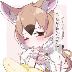 Rule 34 | 1girl, animal ear fluff, animal ears, banana, blush, brown eyes, brown hair, extra ears, fingerless gloves, fingernails, food, fruit, gambian rat (kemono friends), gloves, half-closed eye, hand on own chin, hands up, kemono friends, light brown hair, long hair, looking at food, looking at object, low ponytail, mouse ears, multicolored hair, one eye closed, parted bangs, parted lips, raised eyebrow, ringed eyes, sarutori, sexually suggestive, shirt, short sleeves, solo, translation request, trembling, upper body, vest, white hair