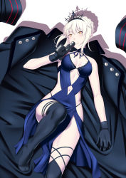 Rule 34 | 1girl, argyle, argyle clothes, argyle cutout, artoria pendragon (alter swimsuit rider) (fate), artoria pendragon (alter swimsuit rider) (third ascension) (fate), artoria pendragon (fate), black cape, black gloves, black hairband, black thighhighs, blue dress, blush, breasts, cape, choker, cleavage, clothing cutout, collarbone, diadem, dress, fate/grand order, fate (series), gloves, gun, hair between eyes, hairband, highres, holding, holding gun, holding weapon, lying, medium breasts, navel cutout, on back, parted lips, simple background, sleeveless, sleeveless dress, smile, solo, thighhighs, underboob cutout, weapon, white background, yellow eyes, zaregoto tsukai no deshi