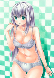 Rule 34 | 1girl, blush, bow, bow bra, bow panties, bra, bracelet, breasts, checkered background, cleavage, collarbone, cowboy shot, green eyes, groin, jewelry, leaning forward, long hair, looking at viewer, medium breasts, navel, original, panties, parted lips, pastel (medium), ribbon, silver hair, solo, standing, straight hair, thigh gap, traditional media, underwear, underwear only, very long hair, white ribbon, yuto takumi