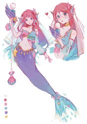 Rule 34 | 1girl, absurdres, alternate costume, blush, breasts, cleavage, earrings, fins, hair ornament, highres, holding, jewelry, large breasts, league of legends, long hair, looking at viewer, mermaid, microphone, monster girl, multiple views, nami (league of legends), navel, red hair, ruan chen yue, shell, shell earrings, simple background, staff, star (symbol), star earrings, white background