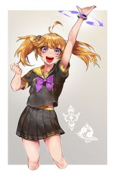 Rule 34 | 1girl, antenna hair, arm up, bad id, bad pixiv id, beads, blonde hair, bow, bowtie, clenched hand, gradient background, hair beads, hair ornament, highres, looking at viewer, midriff peek, ohisashiburi, open mouth, outside border, pleated skirt, purple eyes, sailor collar, school uniform, serafuku, short sleeves, skirt, smile, solo, twintails, wristband