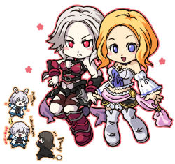 Rule 34 | 2girls, angela (castlevania), blonde hair, blush, blush stickers, castlevania (series), castlevania pachislot, chibi, corruption, cross, cross necklace, dark persona, dual persona, jewelry, looking at viewer, multiple girls, necklace, open mouth, pachislot akumajou dracula, short hair, silver hair, simple background, smile, white background