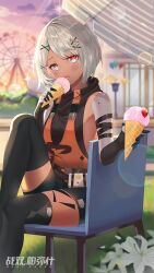 Rule 34 | 1girl, black gloves, black shorts, black thighhighs, blurry, blurry background, breasts, chair, copyright name, day, dual wielding, eating, elbow gloves, ferris wheel, flower, gloves, grey hair, hair ornament, hairclip, highres, holding, hum (ten ten), ice cream cone, knee up, lens flare, licking, mechanical arms, orange eyes, outdoors, punishing: gray raven, shorts, sitting, small breasts, sophia: silverfang (punishing: gray raven), sophia (punishing: gray raven), tan, thighhighs