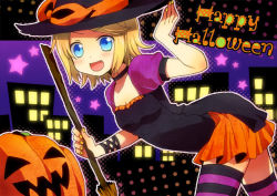 Rule 34 | 1girl, :d, bad id, bad pixiv id, blonde hair, blue eyes, broom, fang, halloween, happy halloween, hat, hat ribbon, holding, jack-o&#039;-lantern, kagamine rin, open mouth, pumpkin, ribbon, sakuro, smile, solo, star (symbol), striped clothes, striped thighhighs, thighhighs, vocaloid, witch hat