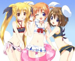 Rule 34 | 3girls, :d, ;d, adapted costume, adapted uniform, ass, backlighting, bardiche (nanoha), bardiche (standby form) (nanoha), beret, bikini, bikini skirt, black bikini, black ribbon, black skirt, black wings, blonde hair, blue background, blue eyes, blush, bow, bowtie, breasts, brown hair, collared bikini, commentary request, cup, fate testarossa, frilled skirt, frills, from behind, groin, hair ornament, hair ribbon, hands on another&#039;s shoulder, hat, holding, holding cup, holding hands, holding swim ring, innertube, interlocked fingers, jewelry, kuroi mimei, light blush, light smile, long hair, looking at viewer, looking back, lyrical nanoha, magical girl, mahou shoujo lyrical nanoha, mahou shoujo lyrical nanoha a&#039;s, microskirt, multiple girls, navel, necklace, one eye closed, open mouth, parted lips, pink sarong, pleated skirt, polka dot, polka dot background, purple eyes, raising heart, raising heart (standby mode), red eyes, red neckwear, ribbon, schwertkreuz, schwertkreuz (standby form), short hair, short twintails, skirt, small breasts, smile, standing, swim ring, swimsuit, takamachi nanoha, thighs, twintails, white bikini, white hat, white ribbon, white skirt, wings, x hair ornament, yagami hayate
