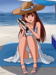 Rule 34 | 1girl, bare legs, bare shoulders, beach, beach towel, beach umbrella, blue bow, blue sky, bow, brown eyes, brown hair, commentary request, cooler, crotch seam, day, dress, full body, hat, hat bow, holding, horizon, idolmaster, idolmaster million live!, lielos, long hair, looking at viewer, ocean, open mouth, outdoors, panties, pantyshot, sandals, shade, sitting, sky, sleeveless, sleeveless dress, smile, solo, straw hat, sun hat, sundress, tanaka kotoha, thermos, towel, umbrella, underwear, white dress, white panties