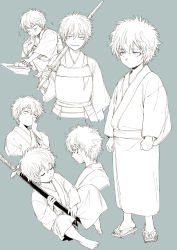 Rule 34 | 1boy, aged down, bougu, closed eyes, closed mouth, drooling, eating, food, geta, gintama, grey background, greyscale, hair between eyes, highres, holding, holding food, holding sword, holding weapon, japanese clothes, kimono, long sleeves, male focus, monochrome, mouth drool, multiple views, nose picking, parted lips, plate, profile, sakata gintoki, sheath, sheathed, shinai, simple background, sitting, sleeping, squatting, sweat, sword, uraki (tetsu420), weapon, wide sleeves