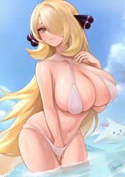 Rule 34 | 1girl, artist name, bikini, blonde hair, blue sky, blush, breasts, closed mouth, cloud, collarbone, creatures (company), cynthia (pokemon), day, game freak, gen 3 pokemon, gen 4 pokemon, grey eyes, hair ornament, hair over one eye, highres, large breasts, long hair, looking at viewer, milotic, navel, nintendo, norza, ocean, outdoors, partially submerged, pokemon, pokemon (creature), pokemon dppt, sky, swimsuit, togekiss, wet, white bikini
