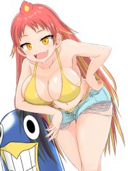 Rule 34 | 1girl, 20s, bare arms, bare shoulders, beach, bikini, bra, breasts, cleavage, collarbone, colored tips, eyelashes, gyari (bird), hand on own hip, hikasa tomoshika, himukai ryumaru, inflatable toy, large breasts, leaning on object, looking at viewer, loose pants, loose shorts, multicolored hair, nail polish, ocean, panties, raised eyebrows, red hair, short shorts, shorts, smile, swimsuit, transparent background, two-tone hair, unbuttoned, underwear, virtual youtuber, voms, wide hips, yellow bra, yellow eyes, yellow nails, yellow panties
