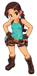 Rule 34 | 1girl, aged down, bare shoulders, belt, boots, braid, breasts, brown eyes, brown hair, child, contrapposto, fingerless gloves, full body, gloves, gun, handgun, hands on own hips, holster, lara croft, long hair, om (nk2007), pistol, shorts, simple background, small breasts, solo, standing, tank top, thigh holster, tomb raider, weapon, white background