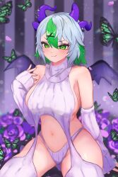 Rule 34 | 1girl, alternate costume, apricot the lich, backless outfit, blush, breasts, bug, butterfly, chimanakoneko, demon girl, demon horns, demon wings, detached sleeves, flower, gluteal fold, green butterfly, green eyes, green hair, grey hair, hair ornament, highres, horns, insect, long sleeves, looking at viewer, medium breasts, meme attire, multicolored hair, multiple horns, navel, panties, purple flower, purple horns, purple wings, short hair, sideboob, smile, solo, streaked hair, sweater, thong, turtleneck, turtleneck sweater, underwear, virgin destroyer sweater, virtual youtuber, vshojo, white panties, white sweater, wings, x hair ornament