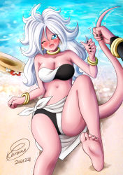 Rule 34 | 1girl, :o, ahoge, android 21, bare shoulders, barefoot, beach, bikini, black bikini, black nails, blue eyes, blush, bracelet, breasts, brown headwear, cleavage, collar, collarbone, colored skin, dated, day, dragon ball, dragon ball fighterz, earrings, fang, flower, foot out of frame, hair between eyes, hat, hat flower, unworn hat, unworn headwear, highres, hoop earrings, jewelry, karoine, knee up, large breasts, long hair, majin android 21, metal collar, midriff, nail polish, navel, nose blush, ocean, open mouth, outdoors, pink skin, sarong, shiny skin, shore, signature, soles, strapless, strapless bikini, sun hat, swimsuit, tail, tail fondling, tail grab, tearing up, tears, thighs, toenail polish, toenails, toes, trembling, two-tone bikini, water, white bikini, white hair, white sarong, wince