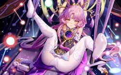Rule 34 | 1girl, 752968769, absurdly long hair, armpits, arms up, ass, cameltoe, chinese commentary, earrings, forehead jewel, fu xuan (honkai: star rail), hair ornament, highres, honkai: star rail, honkai (series), jewelry, long hair, m legs, panties, panties under pantyhose, pantyhose, pantyshot, pink hair, restrained, single earring, solo, thighs, underwear, very long hair, white pantyhose, yellow eyes