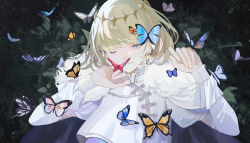Rule 34 | 1boy, absurdres, black background, blonde hair, blue butterfly, blue eyes, bug, butterfly, commentary, diamond hairband, eyelashes, fate/grand order, fate (series), floral print, hands up, highres, huge filesize, insect, light smile, long sleeves, looking at viewer, male focus, oberon (fate), one eye closed, parai0, purple butterfly, red butterfly, shirt, short hair, simple background, solo, spoilers, upper body, white butterfly, white shirt, yellow butterfly
