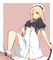Rule 34 | 1girl, absurdres, black neckerchief, blonde hair, blue eyes, blue sailor collar, breasts, commentary request, cowboy shot, dress, gloves, hand on own hip, hat, highres, holding, holding whip, jervis (kancolle), kantai collection, katsuten, mary janes, neckerchief, sailor collar, sailor dress, sailor hat, shoes, solo, white dress, white gloves, white hat