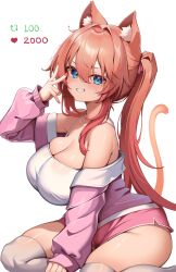Rule 34 | 1girl, animal ears, bare shoulders, blue eyes, breasts, cat ears, cat tail, cleavage, curvy, from side, grin, hair between eyes, highres, kaptivate, large breasts, long hair, looking at viewer, meme, off-shoulder shirt, off shoulder, orange hair, original, pink shorts, plump, seiza, shirt, short shorts, shorts, side ponytail, simple background, sitting, smile, solo, tail, thighhighs, twitter strip game (meme), v, white background, white thighhighs