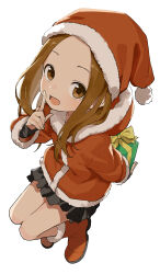 Rule 34 | 1girl, :d, absurdres, alternate costume, black skirt, boots, box, brown eyes, brown hair, commentary request, forehead, gift, gift box, hat, highres, holding, holding box, index finger raised, karakai jouzu no takagi-san, long hair, long sleeves, looking at viewer, open mouth, red footwear, red hat, santa costume, santa hat, simple background, skirt, smile, solo, takagi-san, white background, yamamoto souichirou