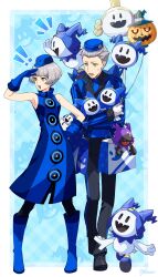 Rule 34 | 1boy, 1girl, absurdres, bag, bare shoulders, black pants, blue dress, blue gloves, blue hat, blue necktie, boots, breasts, dress, elizabeth (persona), gloves, grey hair, hat, highres, holding, jack frost (megami tensei), necktie, pants, pantyhose, persona, persona 3, shopping bag, short hair, siblings, signature, sleeveless, sleeveless dress, smile, smiley face, sweatdrop, theodore (persona), white hair, yellow eyes, yokaroni