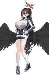 Rule 34 | 1girl, absurdres, black bra, black choker, black footwear, black hair, black wings, blue archive, blue jacket, blue shorts, blush, bra, bra visible through clothes, breasts, choker, commentary, cross-laced footwear, feathered wings, full body, gym shirt, gym shorts, gym uniform, hair between eyes, halo, hands on own hips, hasumi (blue archive), hasumi (track) (blue archive), highres, huge breasts, jacket, lace, lace-trimmed bra, lace trim, large breasts, large wings, long hair, looking at viewer, low wings, mole, mole under eye, naseul 777, official alternate costume, parted lips, partially unzipped, ponytail, red eyes, red halo, see-through, see-through shirt, shirt, shoes, short shorts, shorts, simple background, sneakers, socks, solo, standing, sweat, track jacket, underwear, wet, wet clothes, wet shirt, white background, white shirt, white socks, wings, zipper pull tab