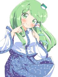 Rule 34 | 1girl, bare shoulders, blue skirt, blush, breasts, collared shirt, detached sleeves, frog hair ornament, green eyes, green hair, hair ornament, hair tubes, kochiya sanae, medium hair, pointing, pointing at self, print skirt, shirt, simple background, single hair tube, single sidelock, skirt, smile, snake hair ornament, touhou, ukigori, white background