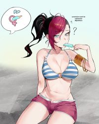 Rule 34 | 1girl, ?, arm behind back, armlet, bare shoulders, bikini, bikini top only, black hair, blue eyes, breasts, cleavage, commission, fiora (league of legends), flying sweatdrops, food, godekasu, hand up, highres, holding, large breasts, league of legends, looking at viewer, multicolored hair, navel, notice lines, o-ring, o-ring top, open mouth, pink hair, ponytail, pool party fiora, popsicle, red shorts, short shorts, shorts, sitting, solo, spoken flying sweatdrops, spoken venus symbol, striped bikini, striped clothes, sweat, swimsuit, twitter username, two-tone hair, venus symbol