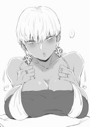 Rule 34 | ..., 1girl, absurdres, bare shoulders, bikini, bikini over clothes, blush, breasts, breasts squeezed together, butakun, cleavage, collarbone, earrings, greyscale, gyaru, hair between eyes, highres, huge breasts, jewelry, lips, long hair, looking at viewer, monochrome, original, parted lips, ring, skindentation, solo, speech bubble, spoken ellipsis, strapless, string bikini, swimsuit, tube top, very long hair