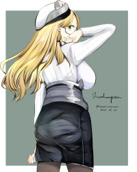Rule 34 | 1girl, black pantyhose, black skirt, blonde hair, breasts, character name, dated, glasses, green eyes, hat, highres, kantai collection, large breasts, long hair, long sleeves, looking at viewer, nanari (nanari nannari), northampton (kancolle), pantyhose, shirt, simple background, skirt, solo, twitter username, two-tone background, white hat, white shirt