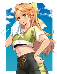 Rule 34 | 1girl, absurdres, black pants, blue sky, bow, cloud, commentary request, cowboy shot, crop top, day, ereka, etie (fire emblem), fire emblem, fire emblem engage, green bow, green eyes, green shirt, hair bow, hand up, highres, long hair, midriff, navel, nintendo, open mouth, orange hair, pants, shirt, short sleeves, sky, solo, standing, stomach, very long hair