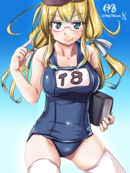 Rule 34 | 10s, 1girl, blonde hair, blue eyes, blue one-piece swimsuit, book, cowboy shot, glasses, hat, i-8 (kancolle), kantai collection, low twintails, name tag, one-piece swimsuit, peaked cap, red-framed eyewear, sailor hat, school swimsuit, semi-rimless eyewear, solo, swimsuit, tatsumi ray, thighhighs, twintails, under-rim eyewear, white thighhighs