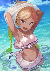 Rule 34 | 1girl, :d, armpits, arms up, bikini, bikini skirt, blonde hair, blue hair, blue sky, blush, breasts, cloud, collarbone, commentary request, dark-skinned female, dark skin, day, flower, gradient hair, granblue fantasy, green hair, groin, hinami (hinatamizu), io (granblue fantasy), io (summer) (granblue fantasy), long hair, looking at viewer, multicolored hair, navel, ocean, open mouth, outdoors, parted bangs, revision, shirt, skirt, sky, small breasts, smile, solo, stomach, swimsuit, twintails, undressing, water, wet, white bikini, white shirt, white skirt